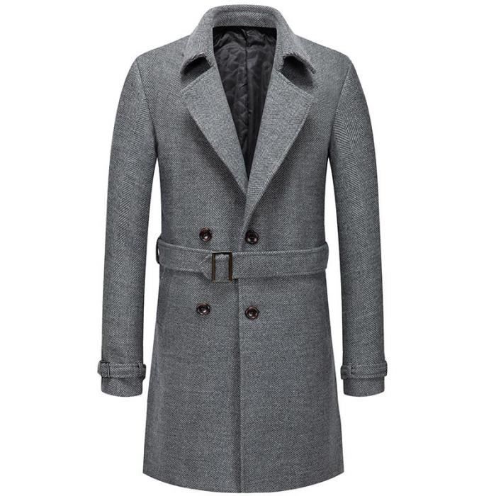 Manteau Homme Laine Mi longue Avec Ceinture Double Boutonnage Pardessus Couleur Unie Automne Hiver Gris Gris Cdiscount Pret a Porter