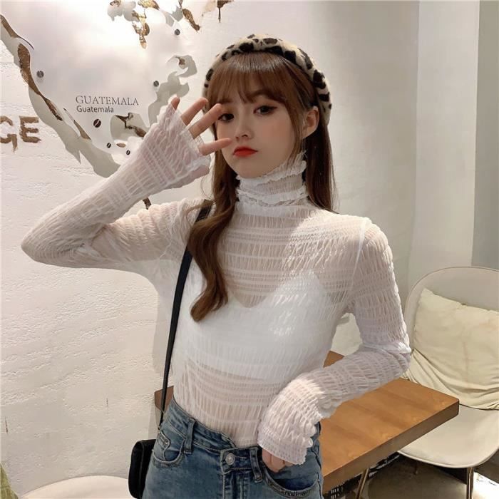 Blouse femme Haut Transparent en maille manches longues pour