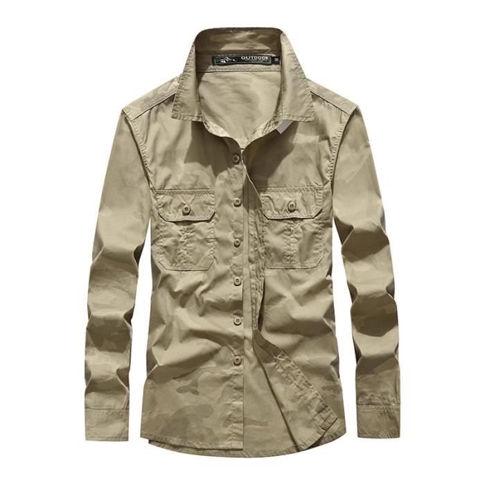 Chemise Militaire Homme Camouflage Manches Longues Chemise Multi poches en Coton Tissu Confortable Kaki Kaki Cdiscount Pret a Porter