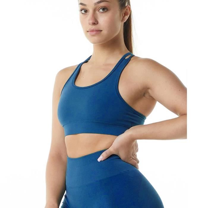 Brassière de Sport Femme Jogging Yoga Fitness Couleur Unie Bleu