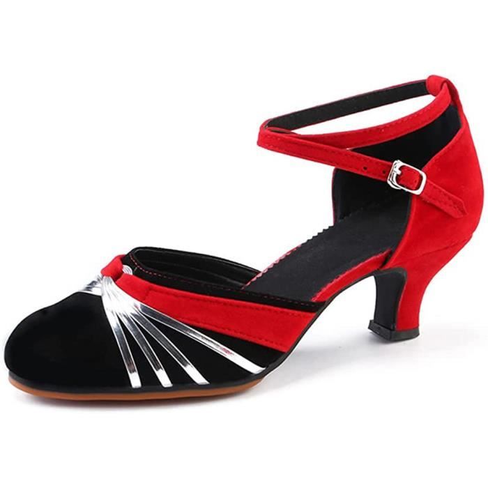 chaussures de danse femme bout fermé dessus velours latine salsa tango prom intérieur rouge argenté