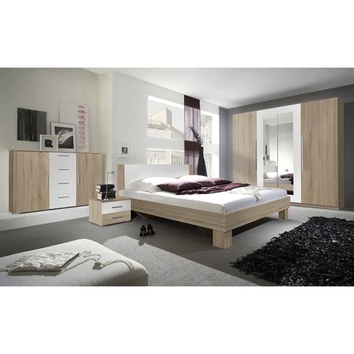 Chambre complète Irina couleur chêne et blanc : Lit 180x200 cm + armoire + commode + chevets. 200 Marron