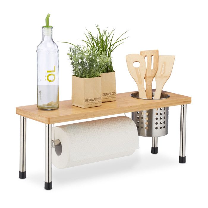 Relaxdays Etagere De Cuisine Pour Le Plan De Travail Support A Sopalin Corbeille A Couverts Bambou Naturel Argente Cdiscount Maison