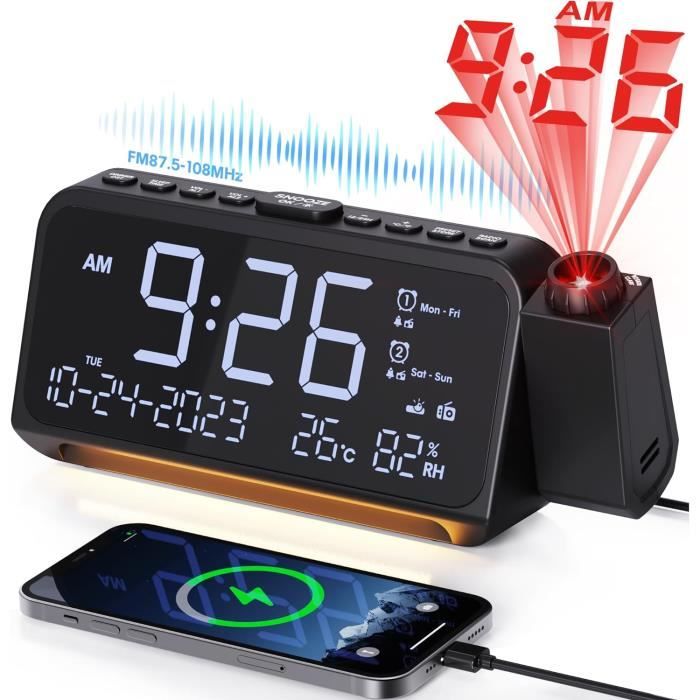 Radio Réveil THOMSON Avec Projecteur – Double Alarme, FM, Sons Nature + Projection Heure Rotative 180°