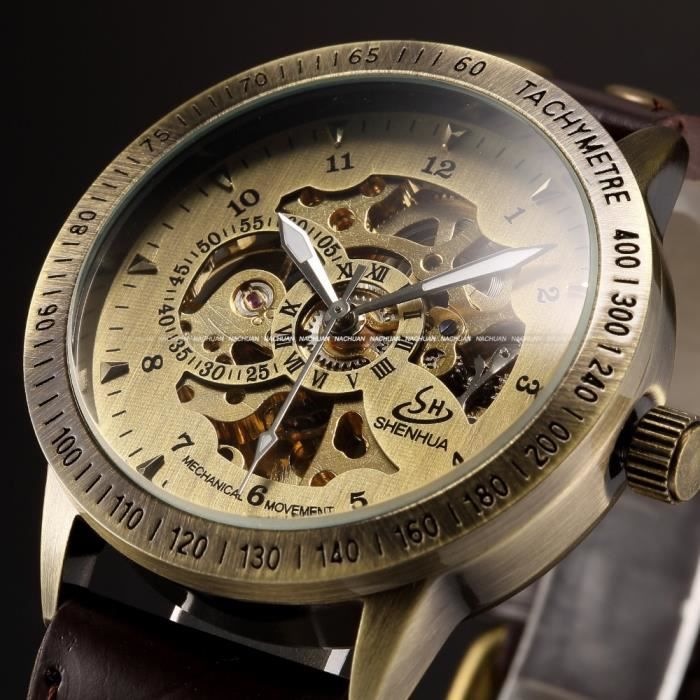 vintage bronze hommes montres squelette homme horloge bracelet en cuir steampunk montres automatique montre mécanique / pmw365