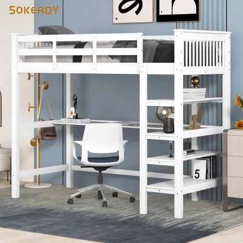 lit mezzanine enfant - sokerdy - 90 x 200 cm - bois massif - blanc - avec rangement et bureau