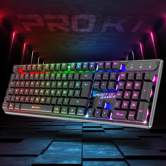 SPIRIT OF GAMER x PRO K1, Clavier Gamer Semi-Mecanique Filaire PC, Layout Azerty Français | 26 Touches Anti-Ghosting, 3 Modes de RGB