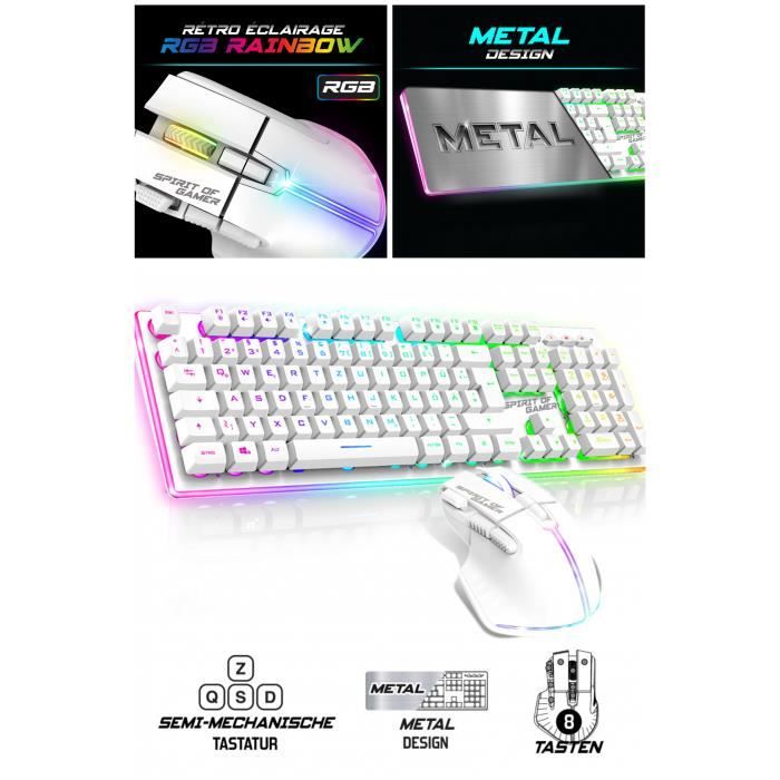 Pack GAMER Blanc Sans fil Wireless Spirit of Gamer RGB PRO + SOURIS sans fil + CLAVIER semi mécanique sans fil