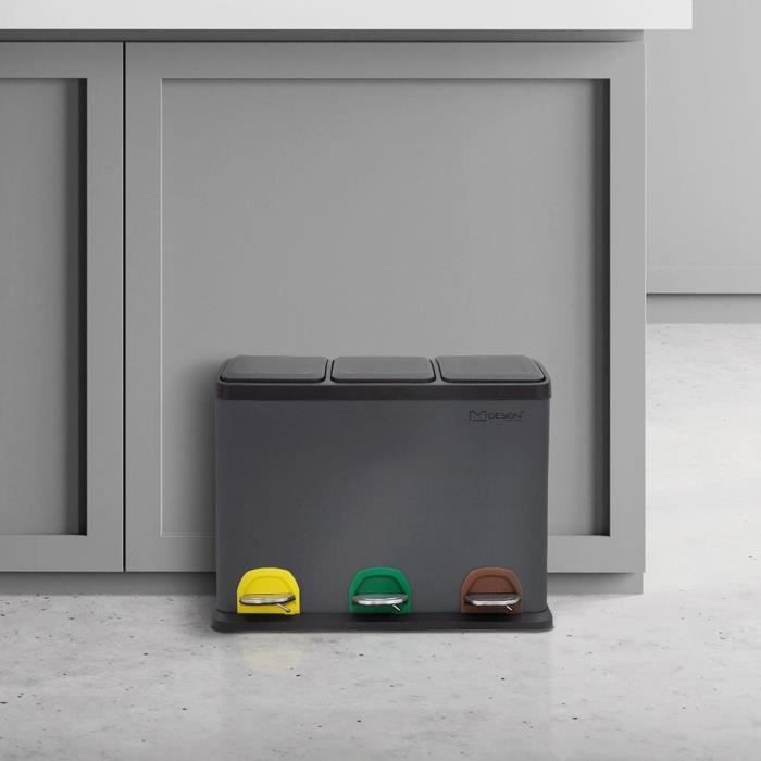 Lot De 3 Poubelles De Cuisine 25L – Couvercles Bleu, Jaune, Vert, Système De Tri, Dimensions 39x24x51 Cm
