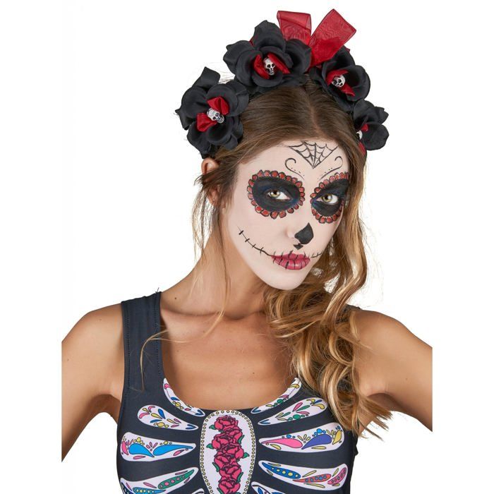 SERRE TETE DIA DE LOS MUERTOS FLEUR NOIR ET ROUGE DEGUISEMENT ANNIVERSAIRE FETE