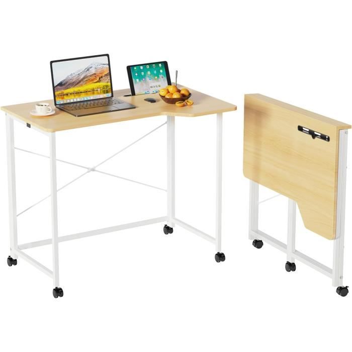 table de bureau pliante vivolilv - forme de u - 90x56x76 cm - bureau informatique avec roulettes - chêne et blanc
