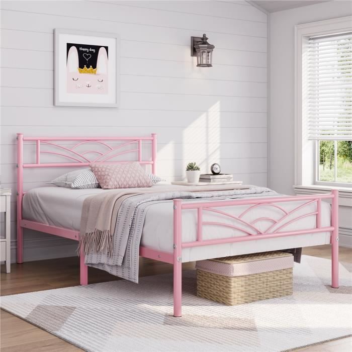 Lit Simple en Métal - YAHEETECH - Assemblage Simple - Rose - 90x200cm