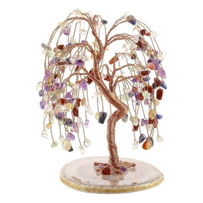 JSDDE Bonsaï Arbre de Vie en Pierres Naturelles Vase en Céramique Rose Arbre de Cristal Porte Bonheur Feng Shui Pierres et Cristaux Précieuses Reiki Décoration Maison Intérieurs Spirituel (7 Chakra