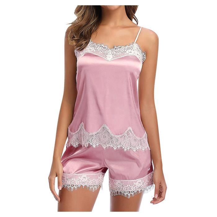 Ensemble Caraco et Shorty Femmes Sexy Lingerie Vetements de nuit Satin Silk Babydoll Lace Up Nightwear Pyjamas Set Rose Cdiscount Pret a Porter