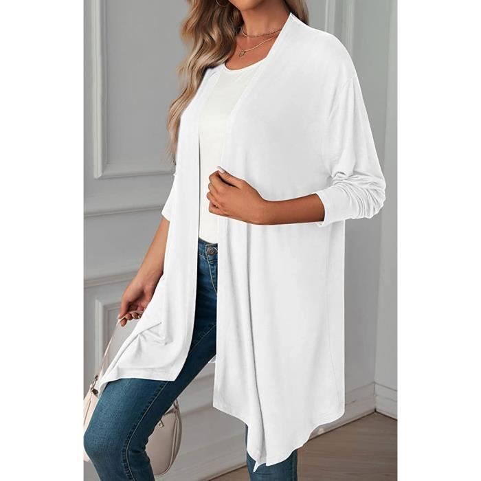 Gilet Cardigan Long d ete Kimono Manches Longues Femme Blanc