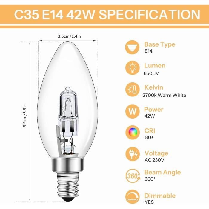 5 Ampoules Halogènes G45 E14 42W – Blanc Chaud 2700K, Dimmable – Pour Lustre, Applique, Lampadaire