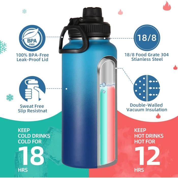 Gourde Isotherme 1L En Acier Inoxydable 304 – Bouchon Bambou, Joint Silicone, Sans BPA, étanche, Pour Sport, Camping, Yoga
