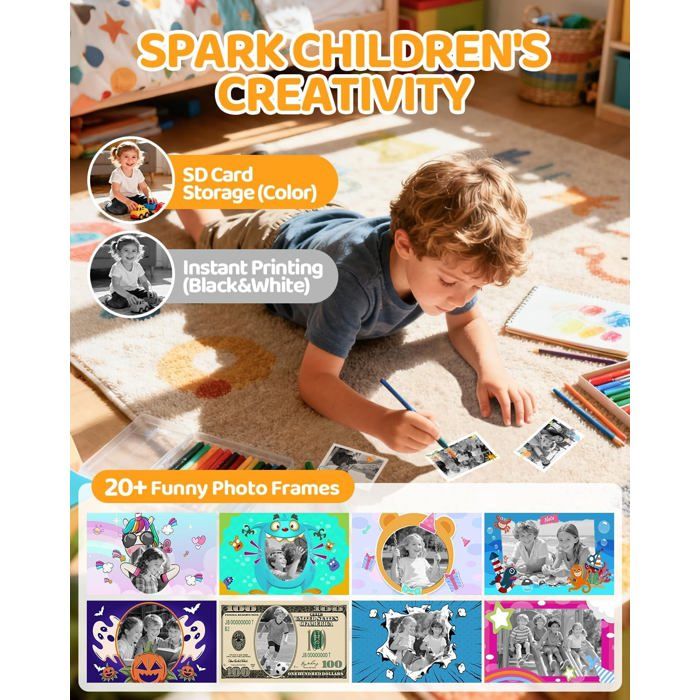 CalineGam Appareil Photo Instantané Enfant – 48MP 1080P, Impression Sans Encre, Carte 32GB Incluse, Violet, Dès 3 Ans