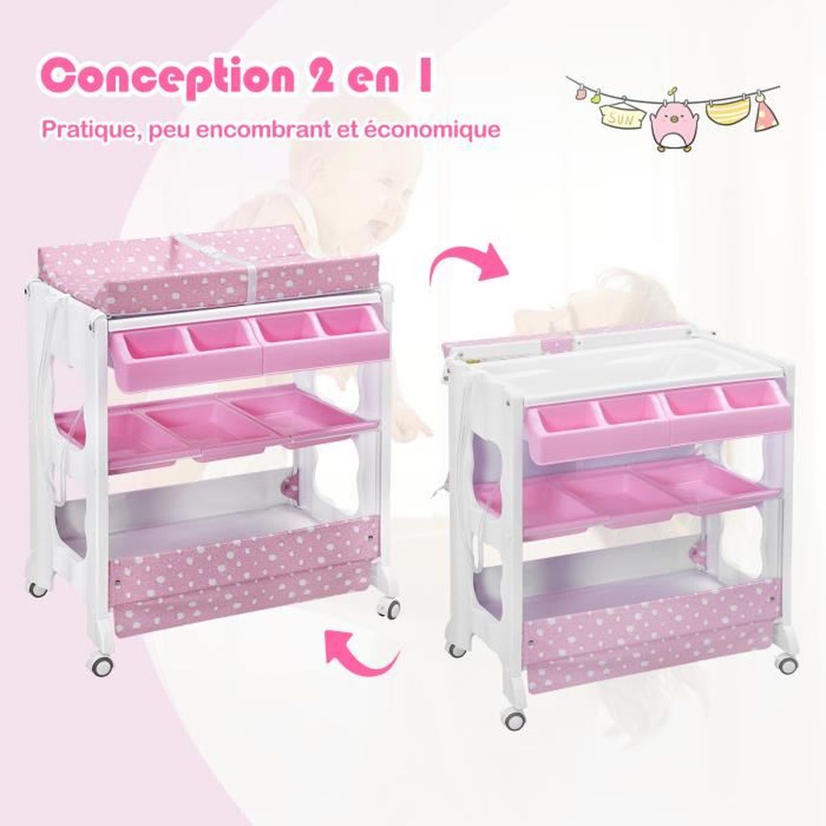 Costway Table A Langer Avec Baignoire A Roullette Avec Matelas Tuyau De Vidange 2 Etageres De Rangement 4 Compartiments Rose Cdiscount Puericulture Eveil Bebe