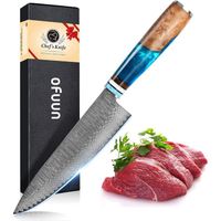 oFuun Couteau Cuisine Japonais en Acier Damas 67 Couches, Couteaux de Cuisine Professionnelle Lame de 20cm Ergonomique Résine Bleue