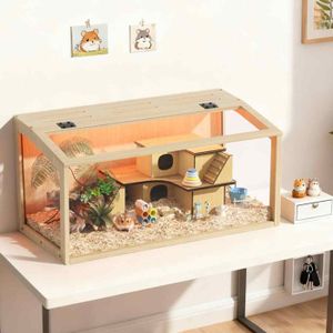 Cage à hamster - BingoPaw - Cage pour rongeurs avec couvercle ouvrable, fenêtre en Verre Trempé - 80x40x40cm - Bois Naturel