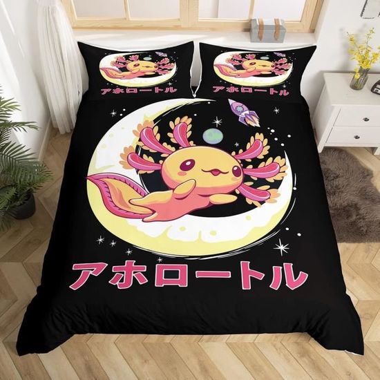 Housse De Couette Axolotl 90x190 Cm - Microfibre Douce, 2 Taies D'oreiller - Dessin Animé Enfant, Fermeture éclair