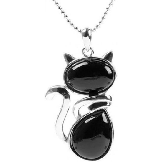 Collier argenté avec pendentif chat en Onyx véritable Noir