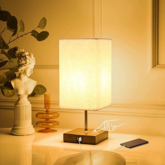 Lampe de chevet USB,lampe de table moderne en bois massif avec 2 ports USB  et interrupteur à tirer,abat-jour en tissu beige lampe - Cdiscount Maison