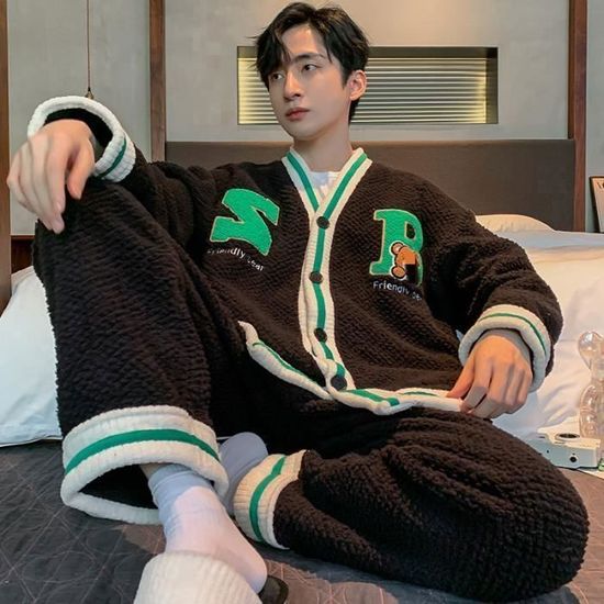 Pyjama Homme 2 Pieces en peluche Col V Manches longues Confortable Doux Chaud Hiver Imprime Black Cdiscount Pret a Porter