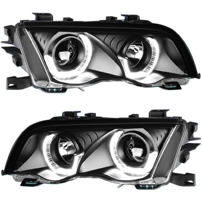 2 FEUX PHARE AVANT ANGEL EYES LED TUBE 3D BMW SERIE 3 E46 BERLINE PHASE 1 DE 1998 A 08/2001