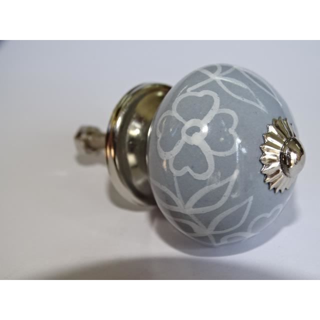 Boutons de meubles en porcelaine gris et fleurs blanches - argenté