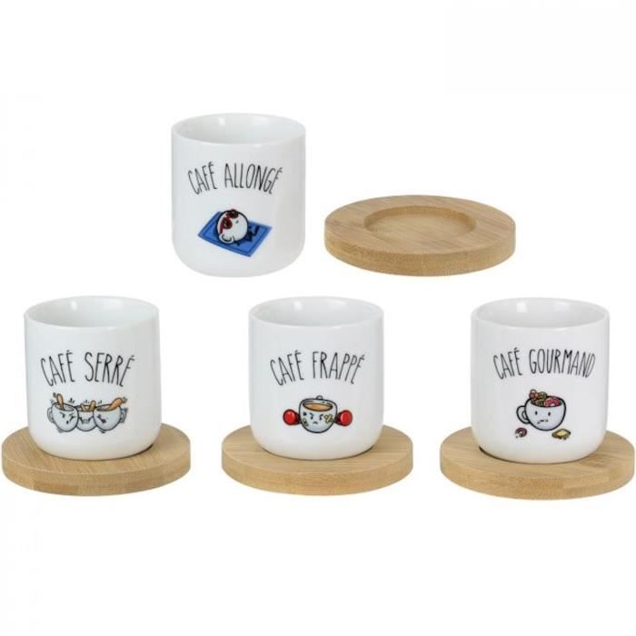 Le Fabuleux Shaman 38-2X-001 Tasses à café et leurs sous-tasses Café allongé frappé gourmand serré Set de 4 assorties Porcelaine et