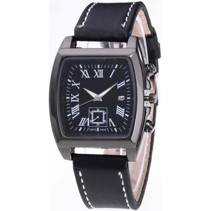 Montre Homme Chic Date Cuir Bracelet Acier Inoxydable Imperméable