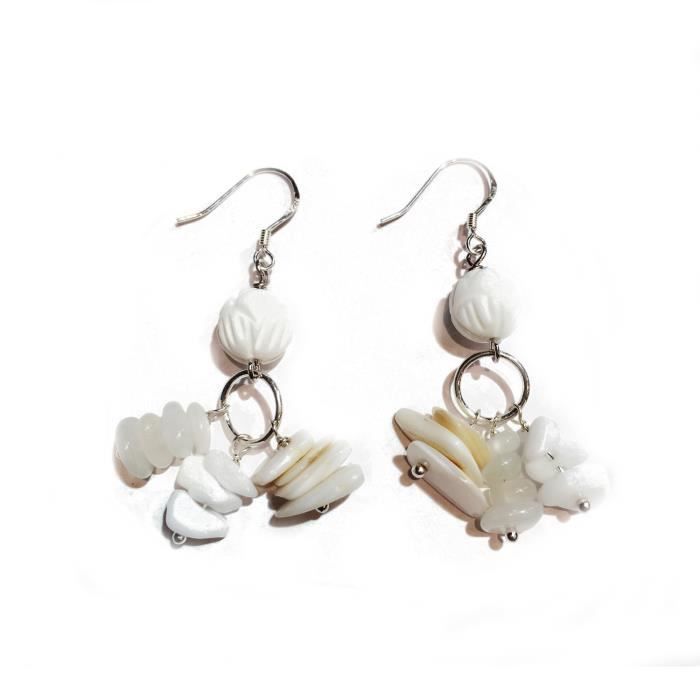 Boucles d'oreilles pendantes en argent 925 avec pierre de Lune , perle de nacre et agate , couleur pur et transparent