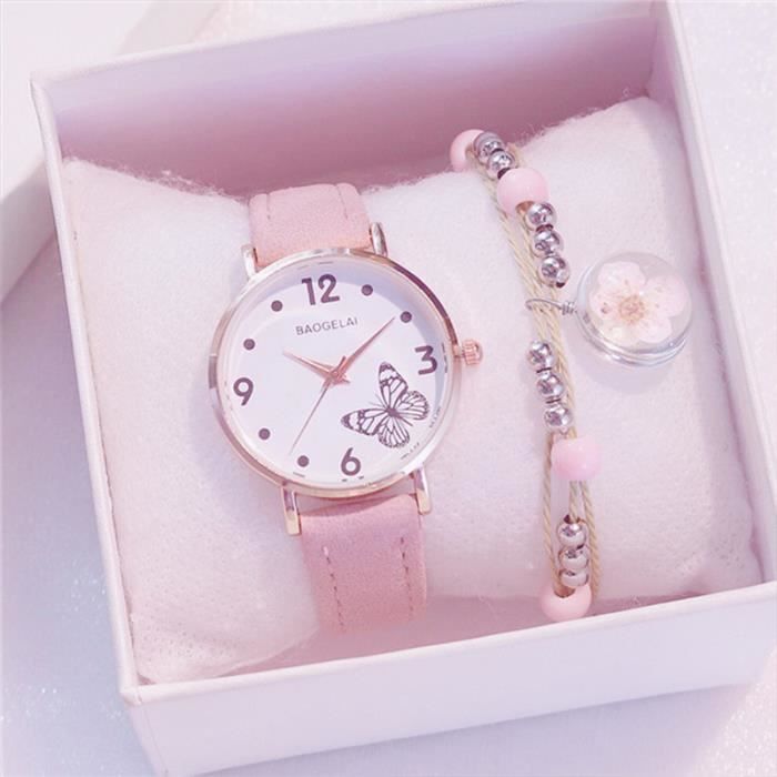 SHARPHY Coffret montre enfant fille + bracelet fleur de cerisier – papillon mode étudiant adolescent rose cadeau d'anniversaire