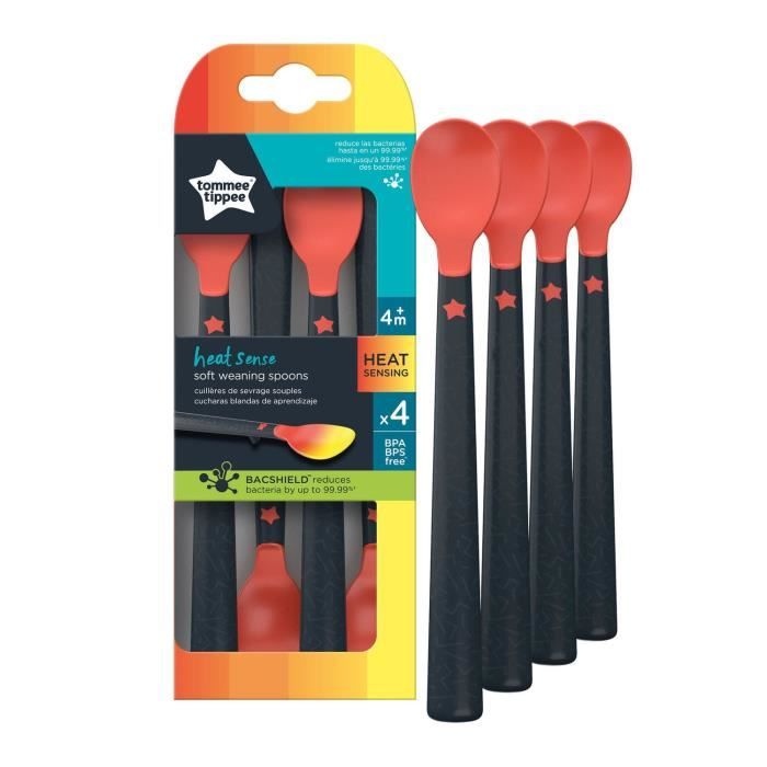 TOMMEE TIPPEE Cuillère de Sevrage Thermosensible Manche Long/Anti-dérapant +4 Mois, lot de 4 Pièces