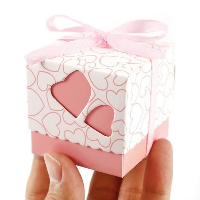 50pcs Boîte à dragées avec couvercle coeurs ruban rose clair Faveur Bonbonnière mariage baptême bébé fille Matière: papier carto...