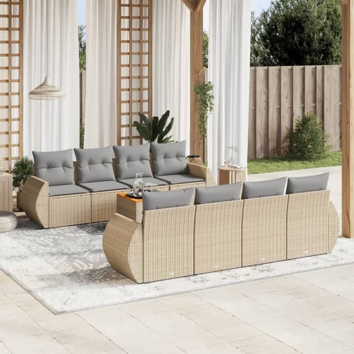 vidaXL Salon de jardin avec coussins 9 pcs beige résine tressée 3224925