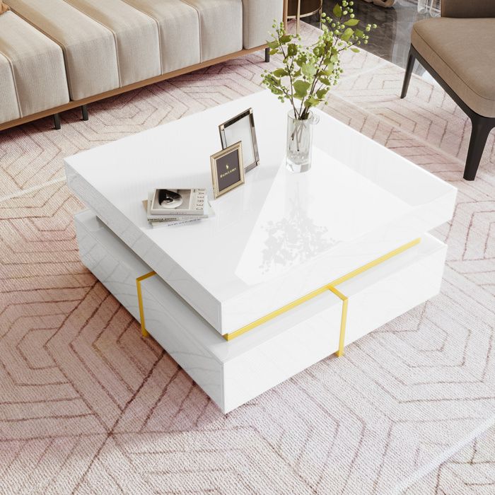Table basse blancavec 2 tiroirs CarréDécor doréTable dappoint moderne salon70x70x35.5cm