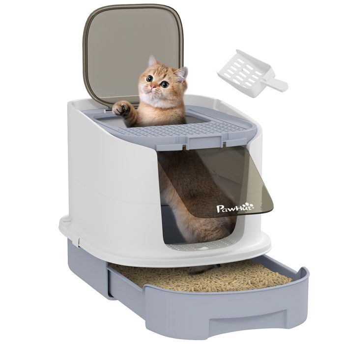 Comparer les prix de Maison de toilette pour chat - PawHut - avec porte translucide, pelle, 2 sacs de désodorisation - 2 options entrée et sortie - gris