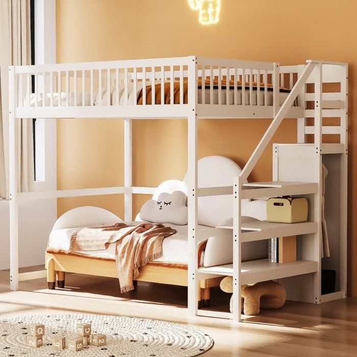 Lit mezzanine - LANGTU - LOFT haut - couchage 140x200 cm - escalier avec armoire & étagères - bois massif + MDF