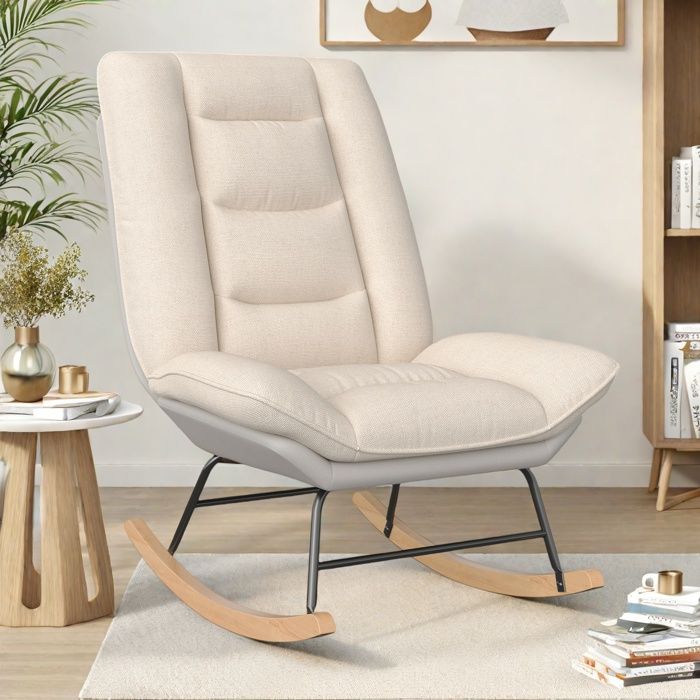 Fauteuil à Bascule Avec Repose-pieds - Rembourrage Velours Beige - Poches Latérales - Ergonomique Et Confortable - Pour Salon/chambre - 6