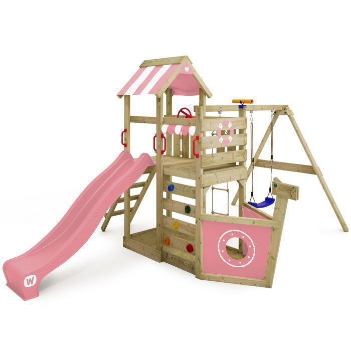 Aire de jeux bois WICKEY SeaFlyer style bateau avec toboggan 220 cm rose pastel balançoire et bac à sable – 10 ans de garantie*