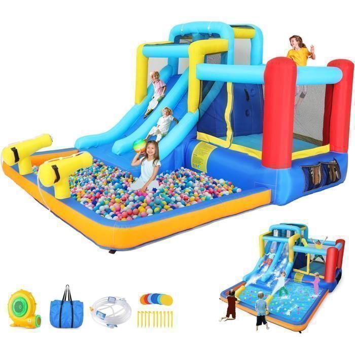 Château Aquatique Gonflable 4m – Toboggan, Escalade, Piscine – 3 à 4 Enfants – 70-150 Cm – 450W – Dès 3 Ans