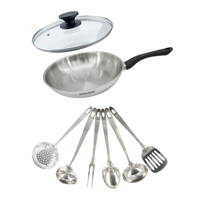 Set poêle 28 cm en inox couvercle verre et 6 ustensiles inox Fackelmann Geneva