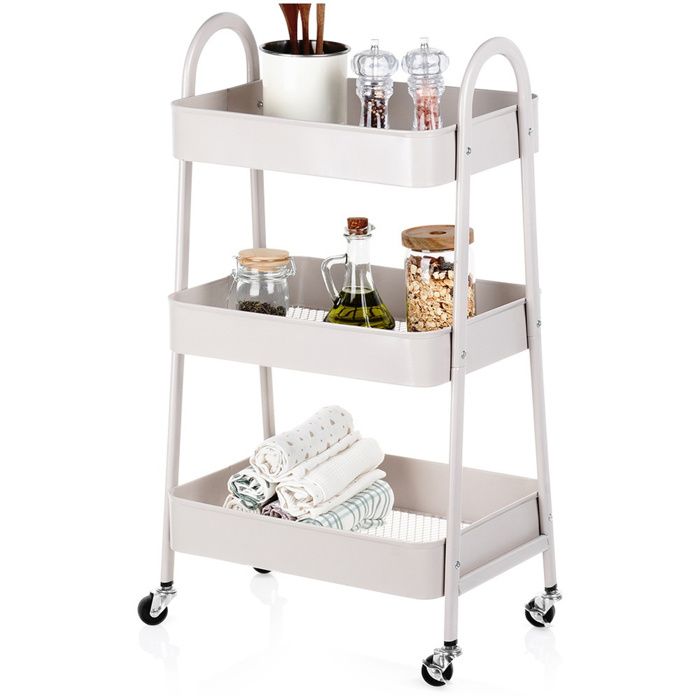 Étagère sur roulettes - STORAGE SOLUTIONS - Métal beige - 3 niveaux - 44x315x785 cm - Paniers 395x29x7 cm