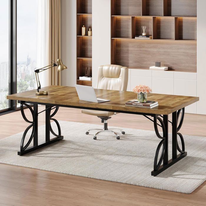 Finmind Bureau Grand Bureau dordinateur de 180 x 80 x 75 cm avec Cadre en Métal Robuste Marron et Noir