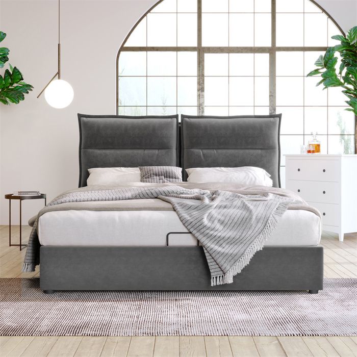Lit coffre rembourré 140x200 velours gris – sommier à lattes métal tête réglable hydraulique sans matelas