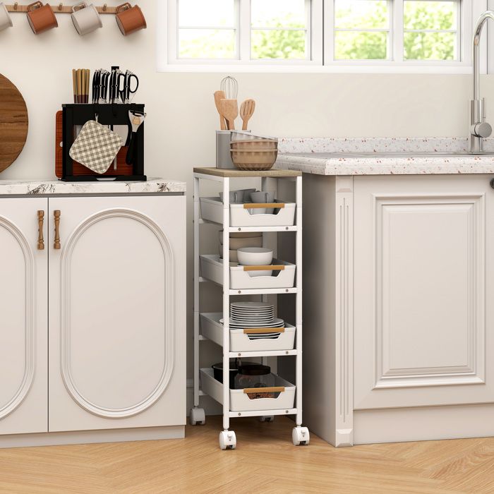 Desserte cuisine chariot de rangement à roulettes 5 niveaux avec 4 tiroirs coulissants étagère de rangement blanc