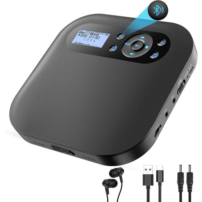 Lecteur CD Portable Bluetooth Lecteur CD de Voiture Rechargeable Discman Stéréo Anti-Saut